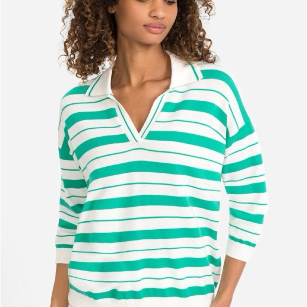 Olsen Green & White Striped Knit Polo Sweater 100% Cotton Womens Sz XL / 16